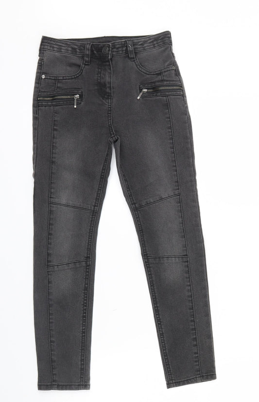 Front view of George girls’ grey denim skinny jeans, size 7, years - zip on front, pockets on back