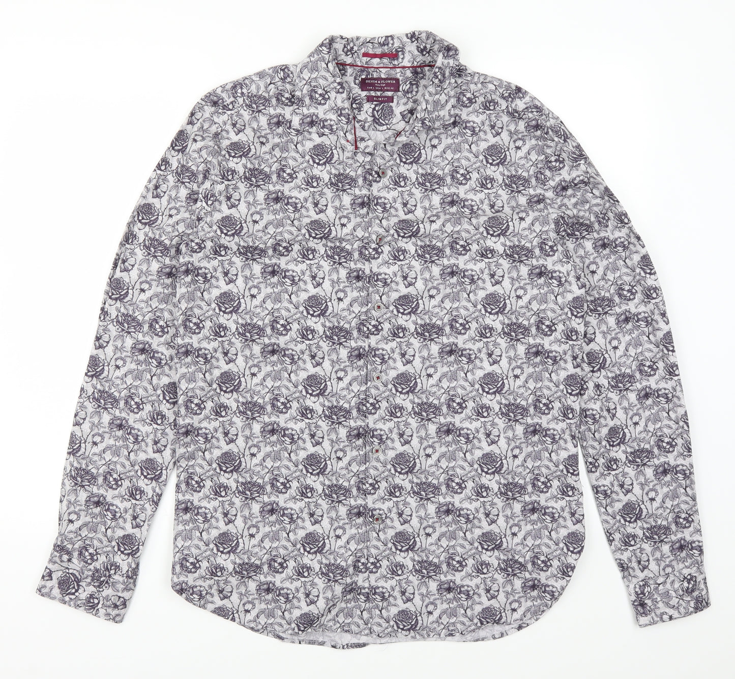 Denim & Flower Mens Purple Floral   Button-Up Size L