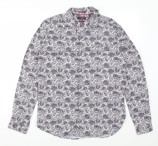 Front view of Denim & Flower men’s purple floral button-up, size L