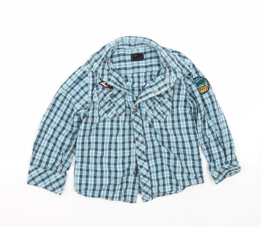 Front view of H&M boys’ blue basic button-up, size 2-3, years