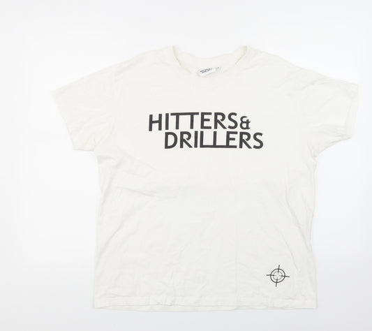 Front view of Hitters & Drillers men’s white t-shirt, size L
