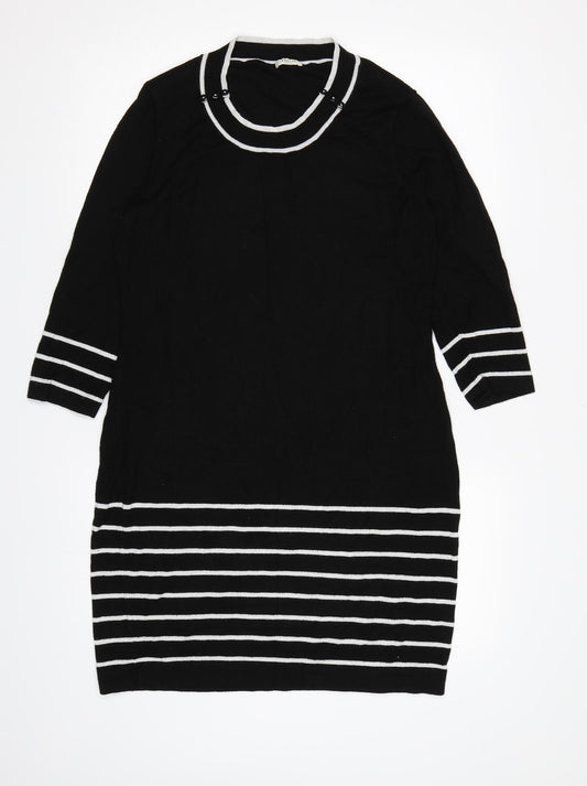 Front view of Precis women’s black striped knit jumper dress, size M