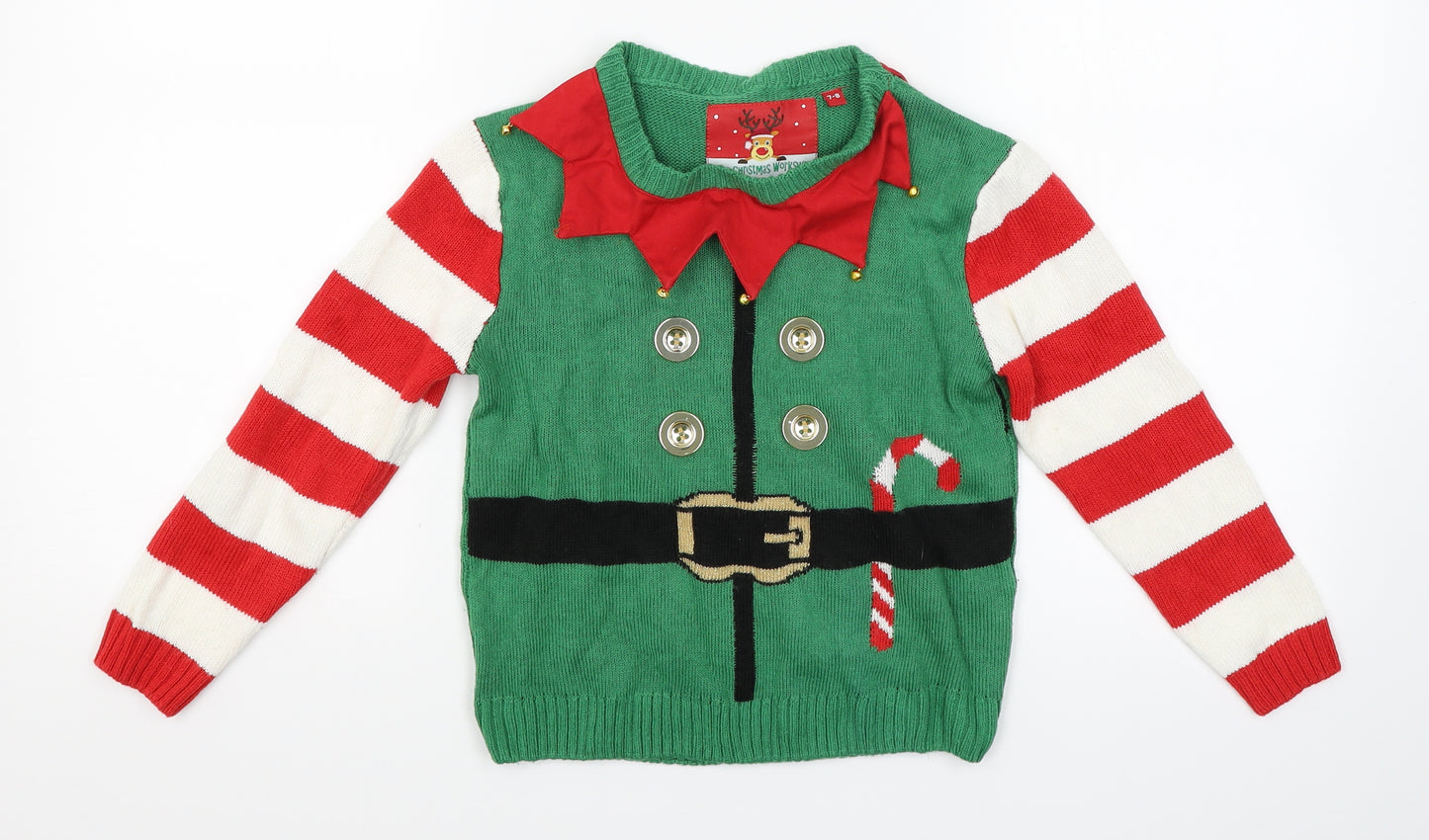 The Christmas Workshop Boys Green Striped Knit Pullover Jumper Size 7-8 Years  - jingle bells Christmas jumper