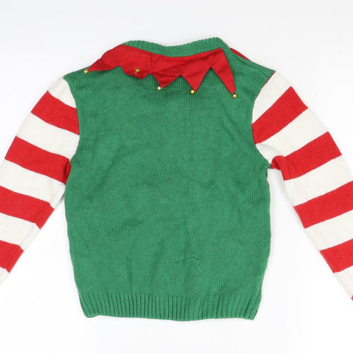 The Christmas Workshop Boys Green Striped Knit Pullover Jumper Size 7-8 Years  - jingle bells Christmas jumper
