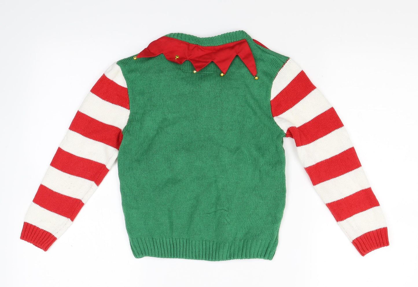 The Christmas Workshop Boys Green Striped Knit Pullover Jumper Size 7-8 Years  - jingle bells Christmas jumper