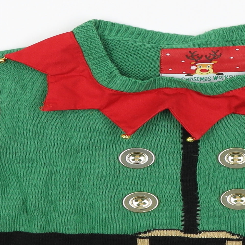 The Christmas Workshop Boys Green Striped Knit Pullover Jumper Size 7-8 Years  - jingle bells Christmas jumper