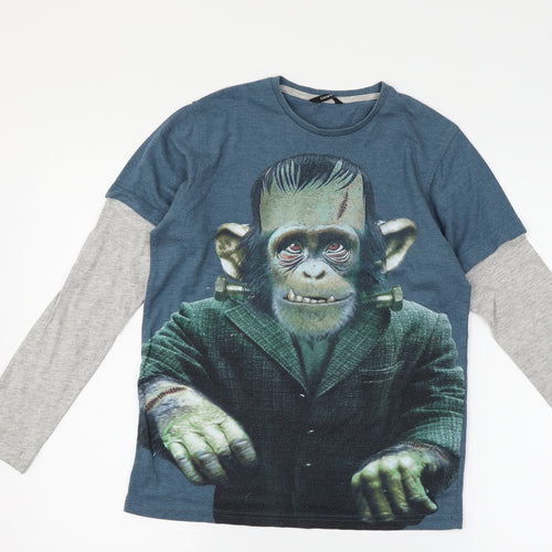 George Girls Blue   Basic T-Shirt Size 12-13 Years  - monkey frankenstein