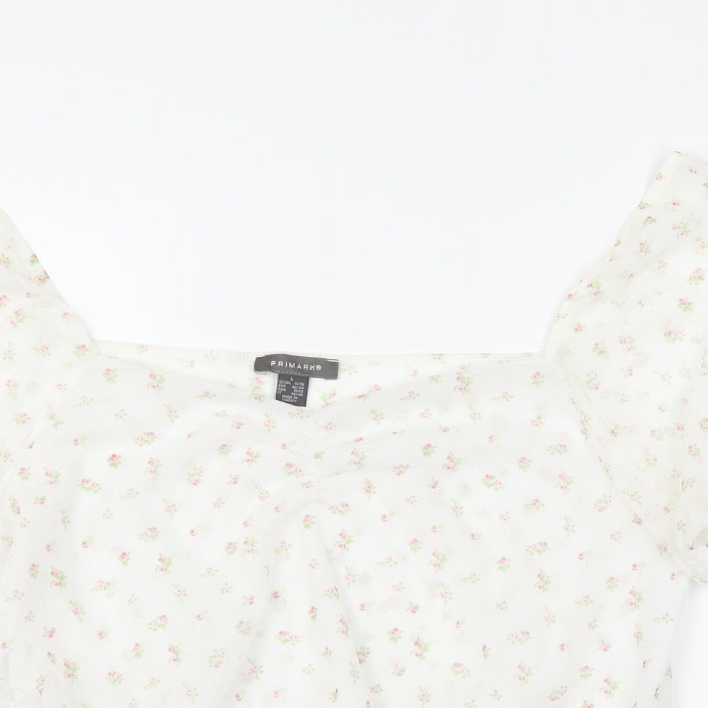 Primark Womens White Floral  Basic T-Shirt Size L