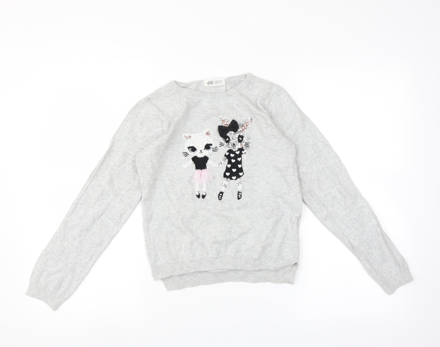 H&M Girls Grey   Pullover Jumper Size 8-9 Years  - cat and rabbit