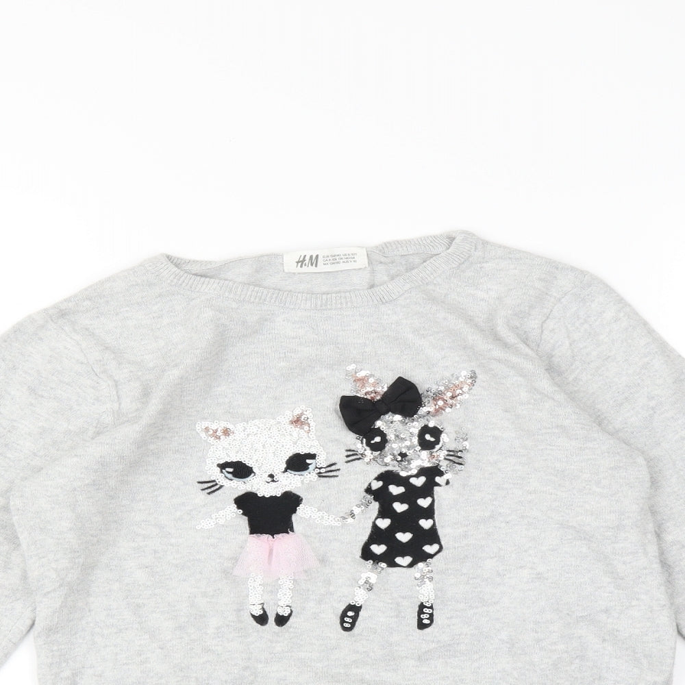 H&M Girls Grey   Pullover Jumper Size 8-9 Years  - cat and rabbit