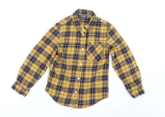Front view of Primark boys’ yellow check basic button-up, size 6-7, years