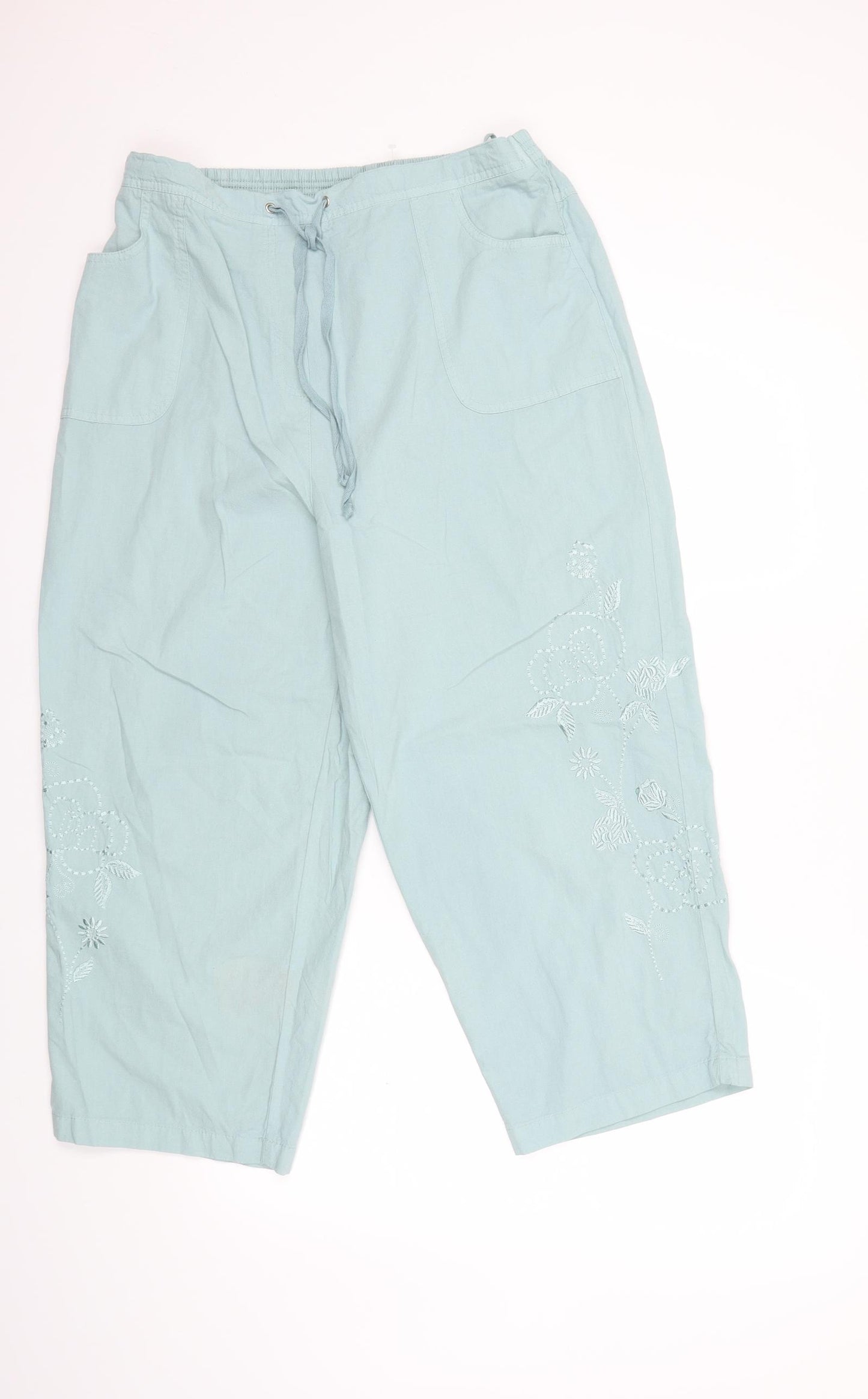 Classic Womens Blue Floral  Cropped Trousers Size 18 L23 in