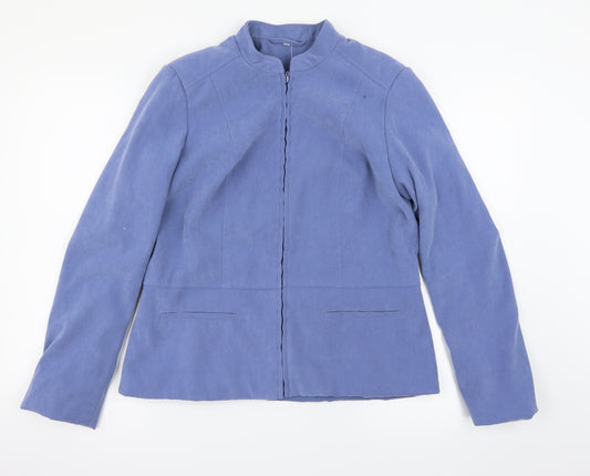 Front view of EWM women’s blue bomber jacket jacket, size UK 12