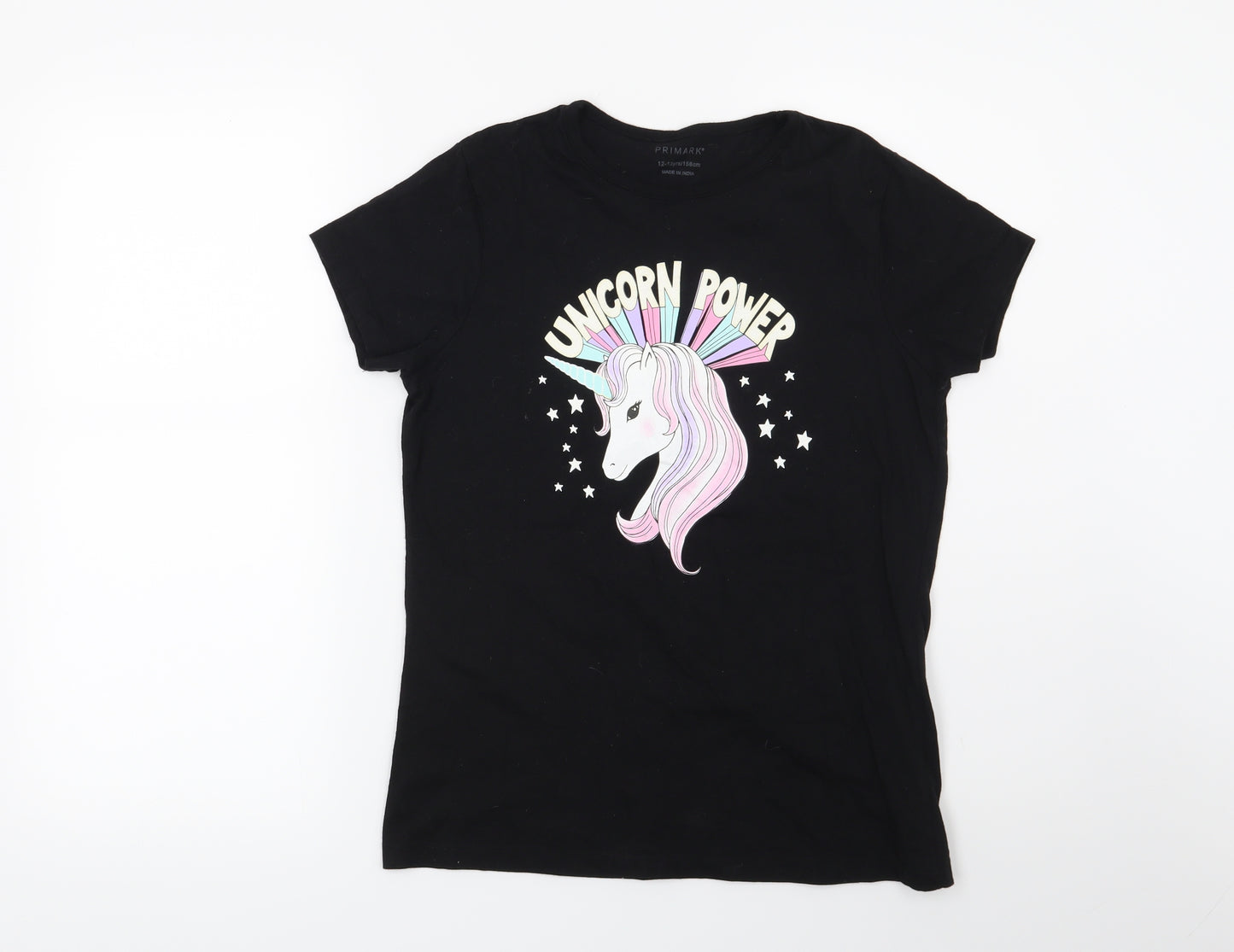 Primark Girls Black   Basic T-Shirt Size 12-13 Years  - Unicorn