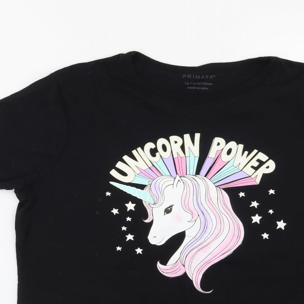 Primark Girls Black   Basic T-Shirt Size 12-13 Years  - Unicorn