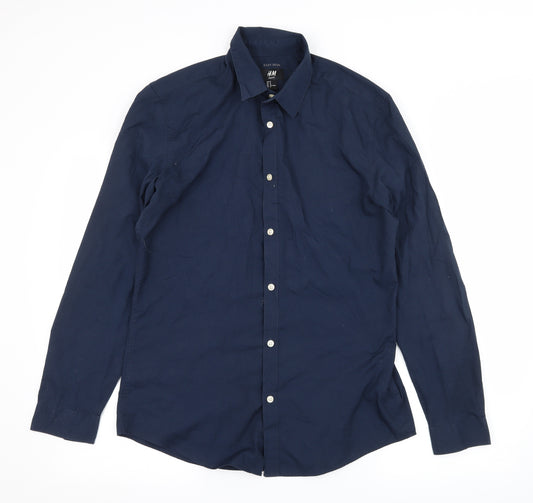 Front view of H&M men’s blue button-up, size M