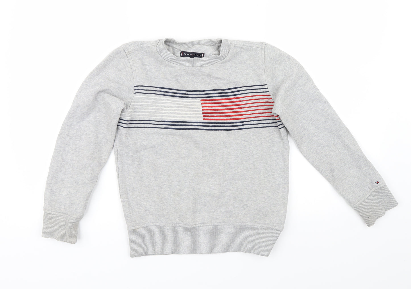 Tommy Hilfiger Boys Grey Striped  Pullover Jumper Size 7-8 Years  - Embroidered