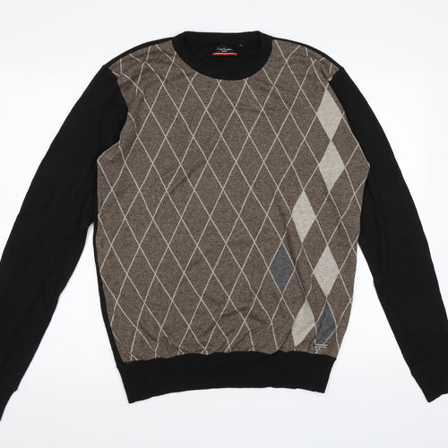 Pierre Cardin Mens Brown Check Knit Pullover Jumper Size L