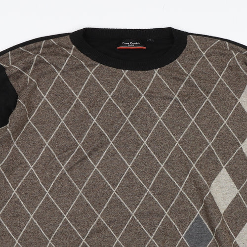 Pierre Cardin Mens Brown Check Knit Pullover Jumper Size L