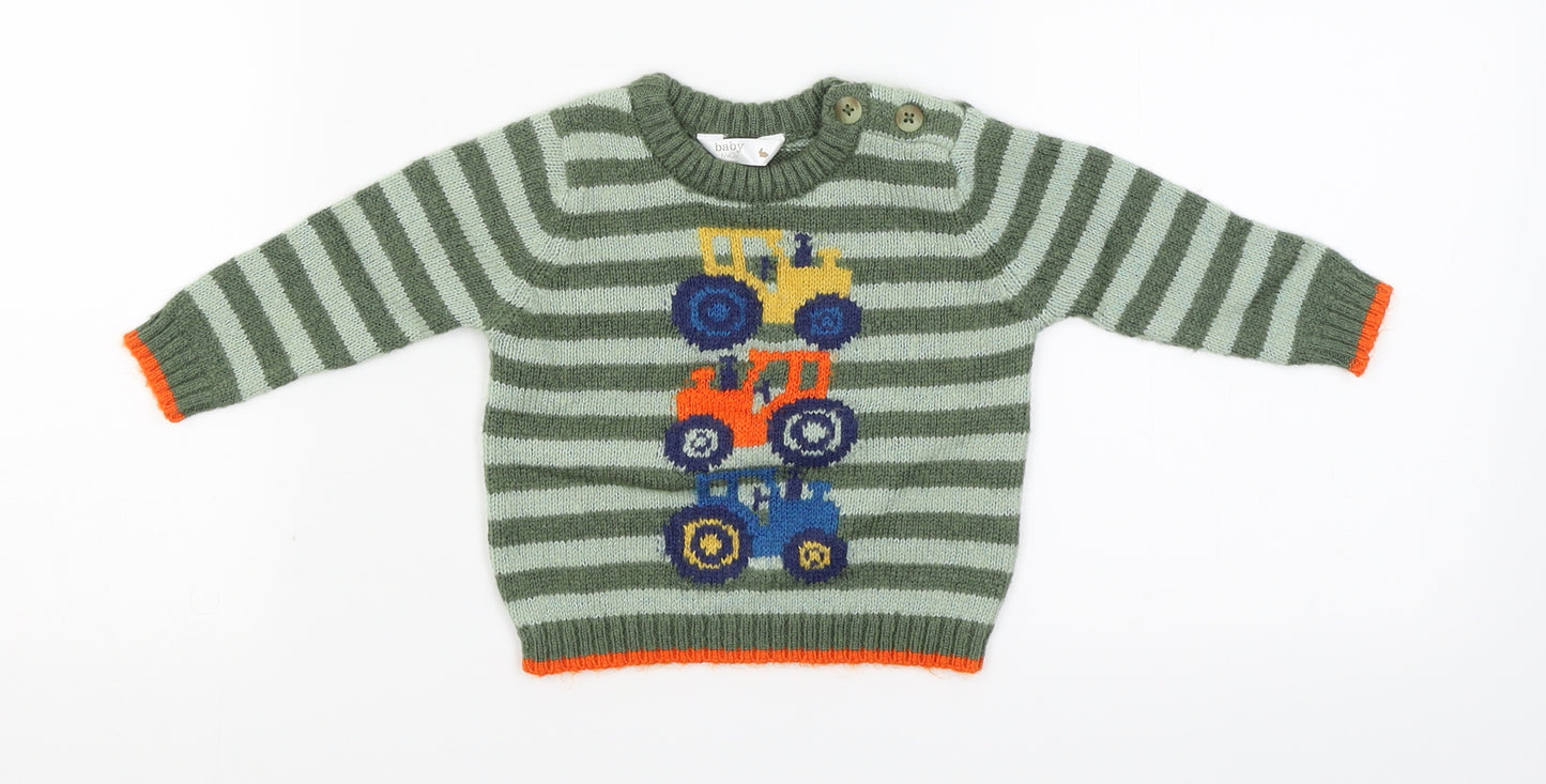 M&Co Boys Green Striped Knit Pullover Jumper Size 3-6 Months  - tractors
