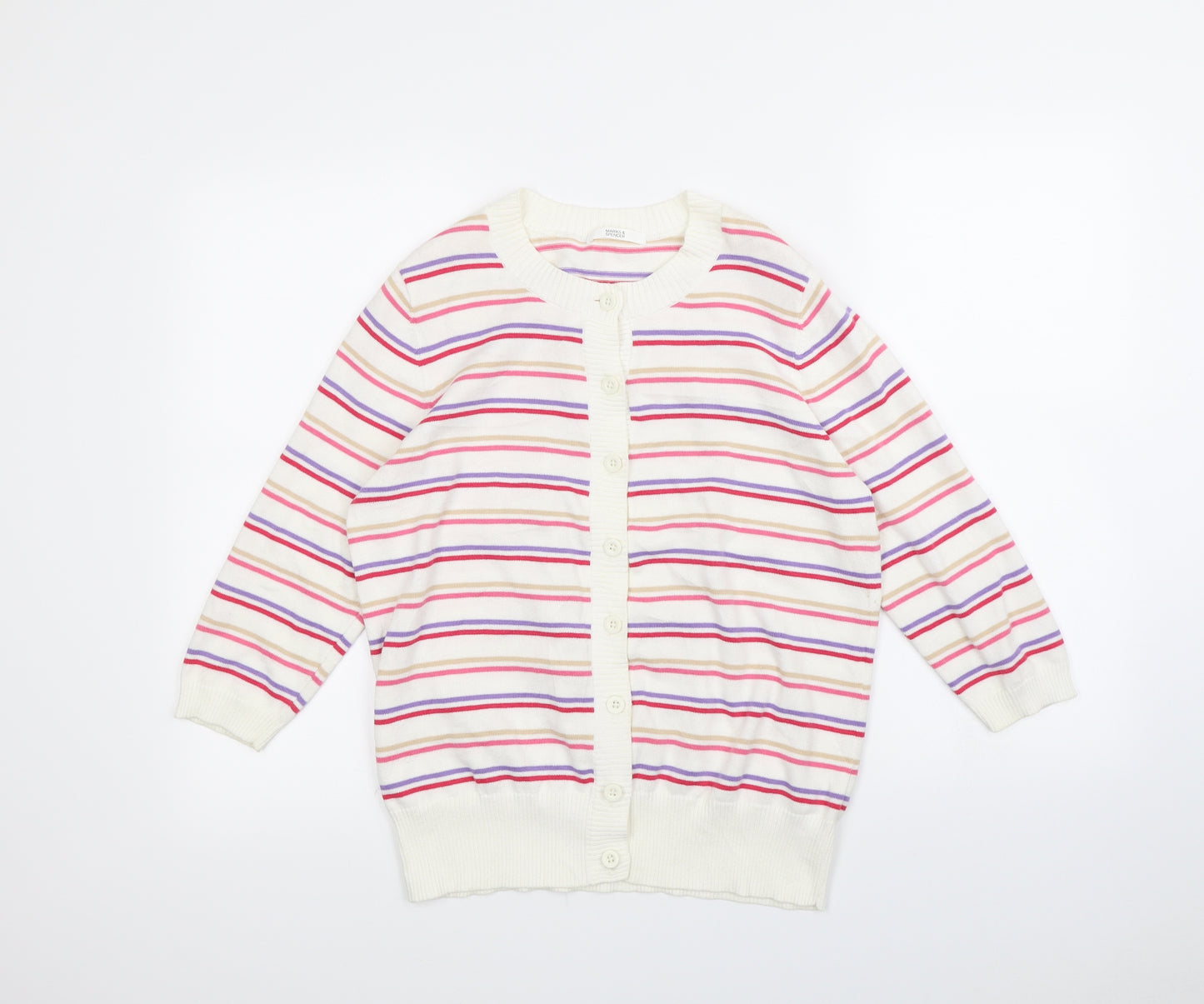 M&S Womens White Striped  Cardigan Jumper Size 16
