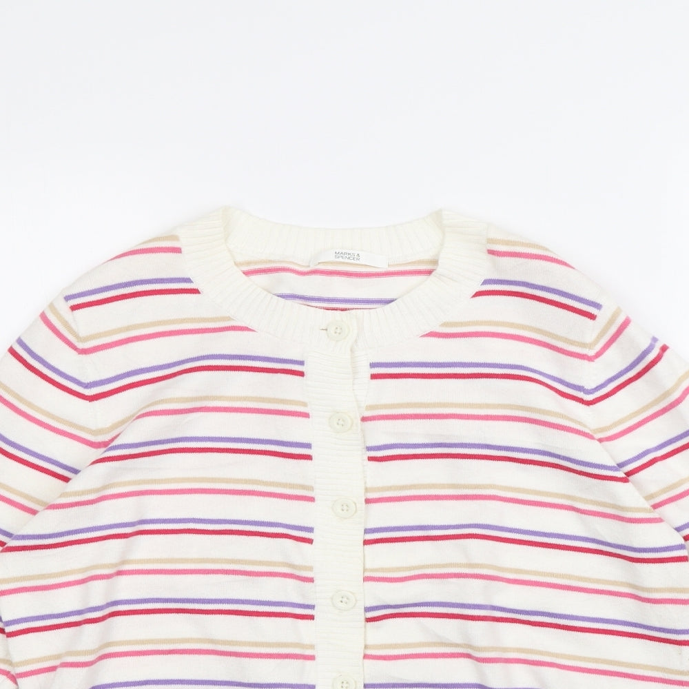 M&S Womens White Striped  Cardigan Jumper Size 16