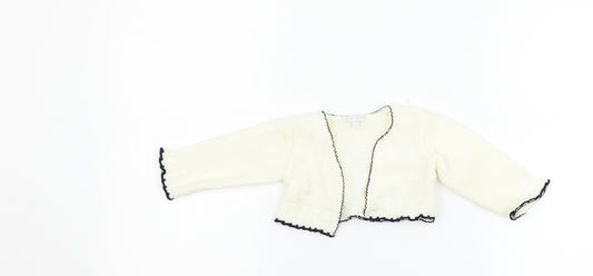 Front view of Zip Zap girls’ white cardigan jumper, size 6-9, months