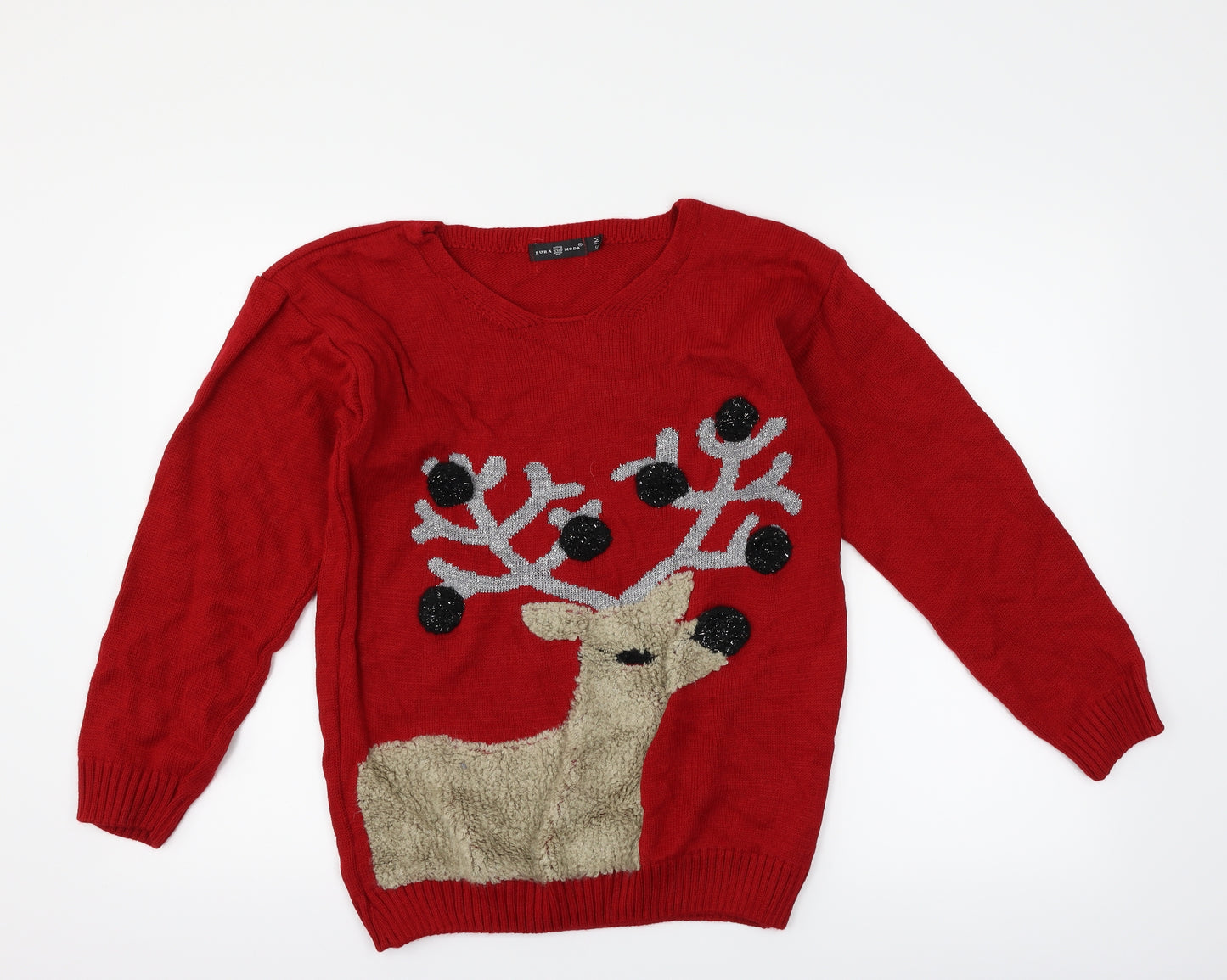 Pura Moda Womens Red   Pullover Jumper Size S  - Christmas reindeer