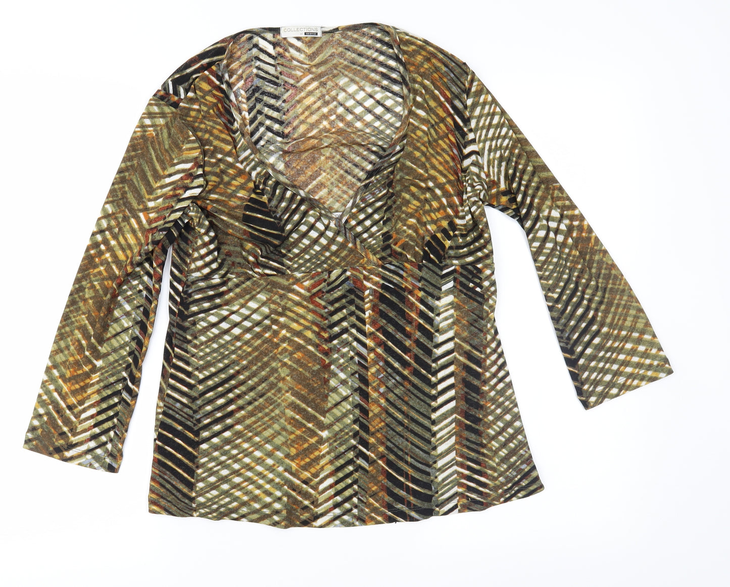 George Womens Brown Geometric Mesh Basic Blouse Size 14
