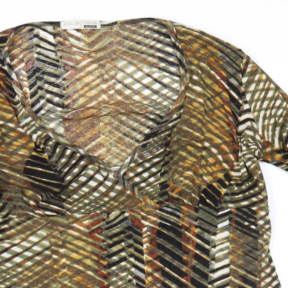 George Womens Brown Geometric Mesh Basic Blouse Size 14