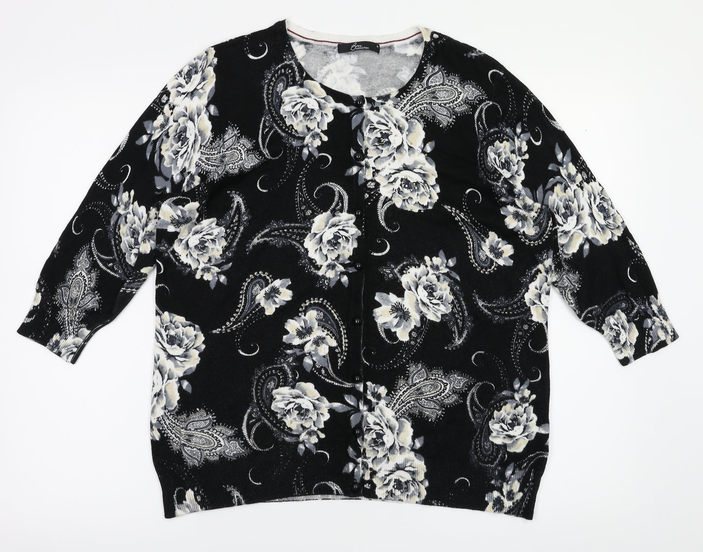 BM Womens Black Floral  Cardigan Jumper Size M
