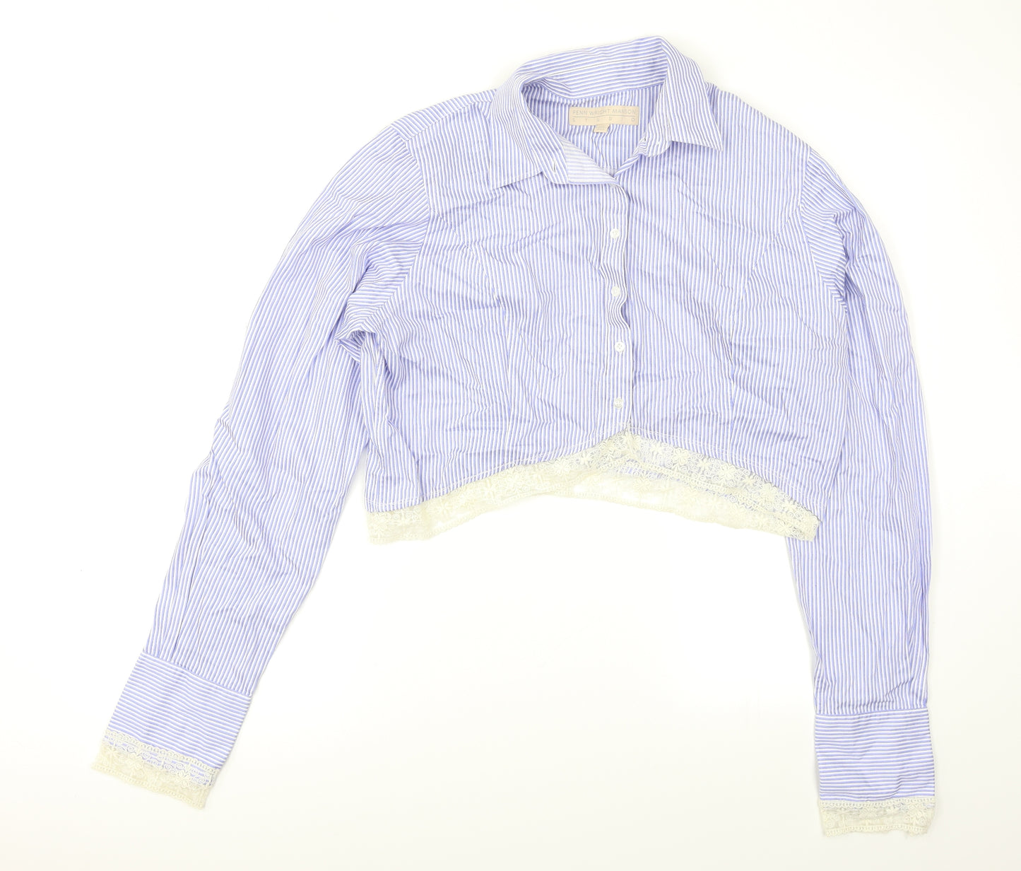 Fenn Wright Manson Womens Blue Striped  Cropped Button-Up Size XL  - Lace Hem