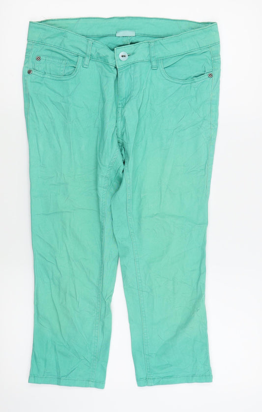 Front view of OKAY women’s green capri jeans, size UK 10, 20.5-inch leg