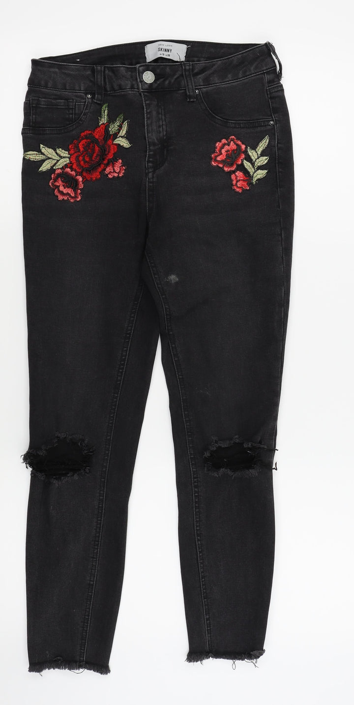 New Look Womens Black Floral Skinny Jeans Size 10 L24 in