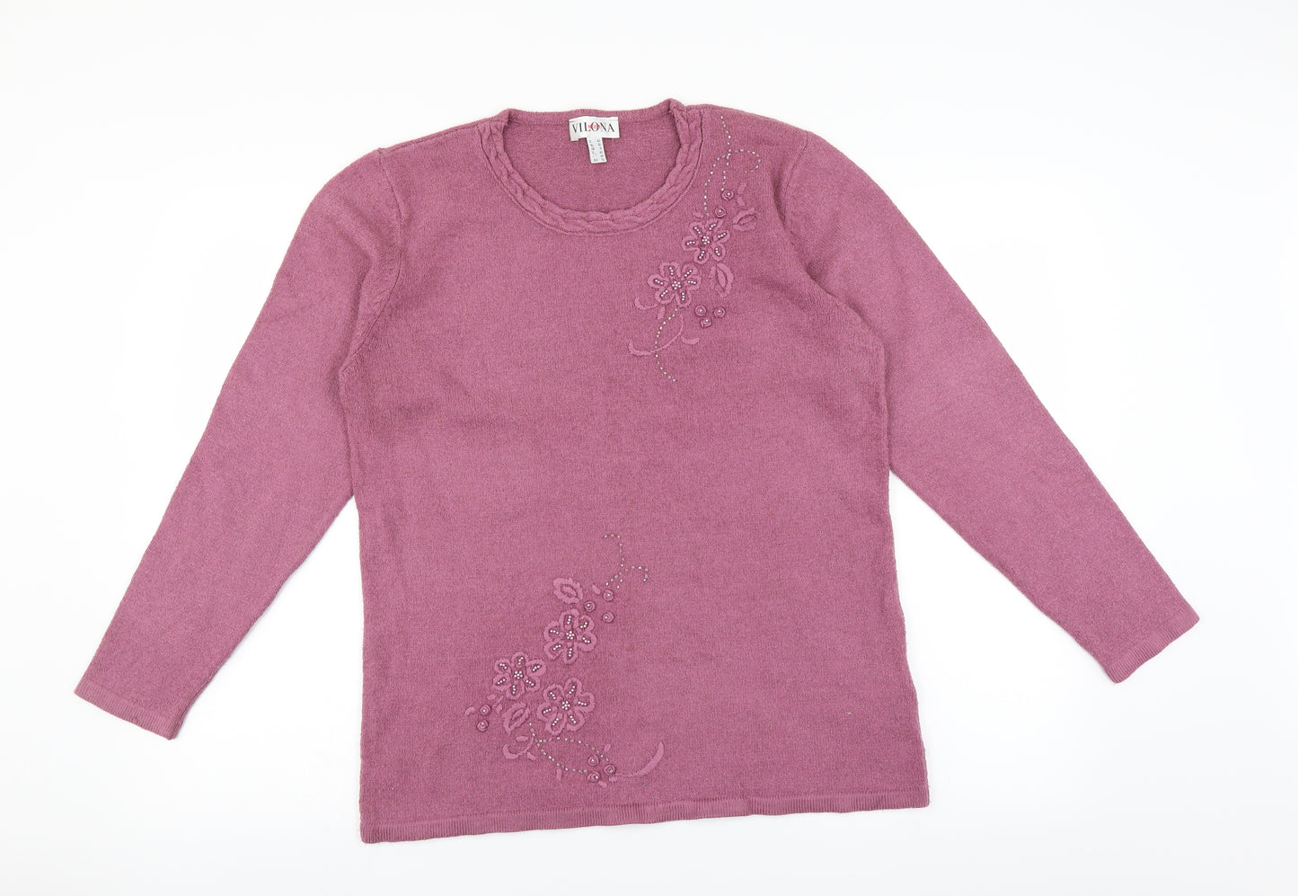 Vilona Womens Pink   Pullover Jumper Size 16  - Floral embroidery