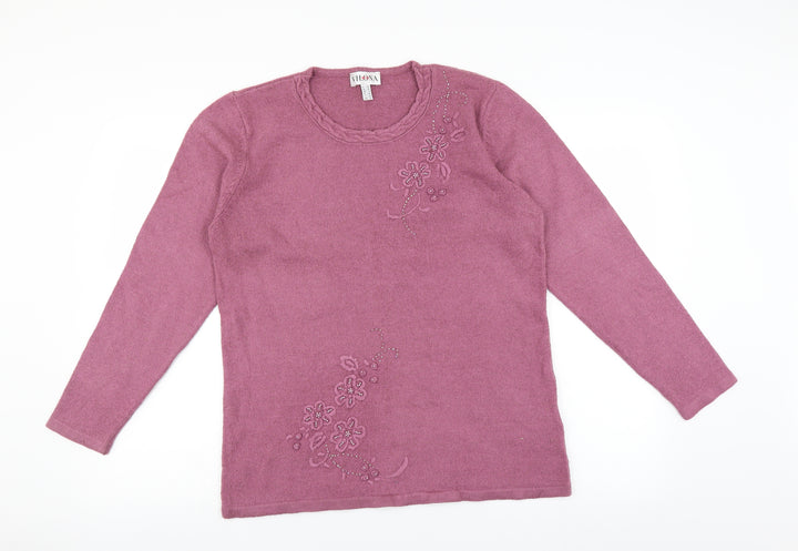 Vilona Womens Pink   Pullover Jumper Size 16  - Floral embroidery