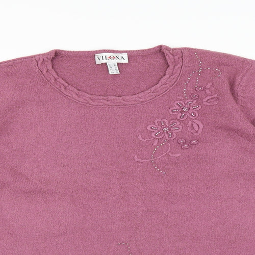 Vilona Womens Pink   Pullover Jumper Size 16  - Floral embroidery
