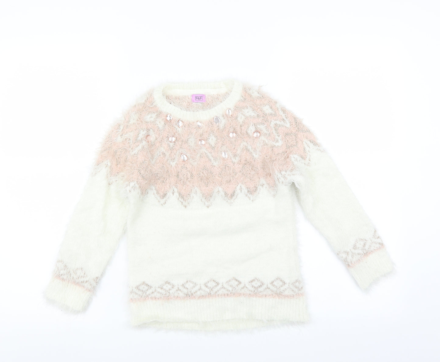 F&F Girls Ivory   Pullover Jumper Size 9-10 Years  - beaded