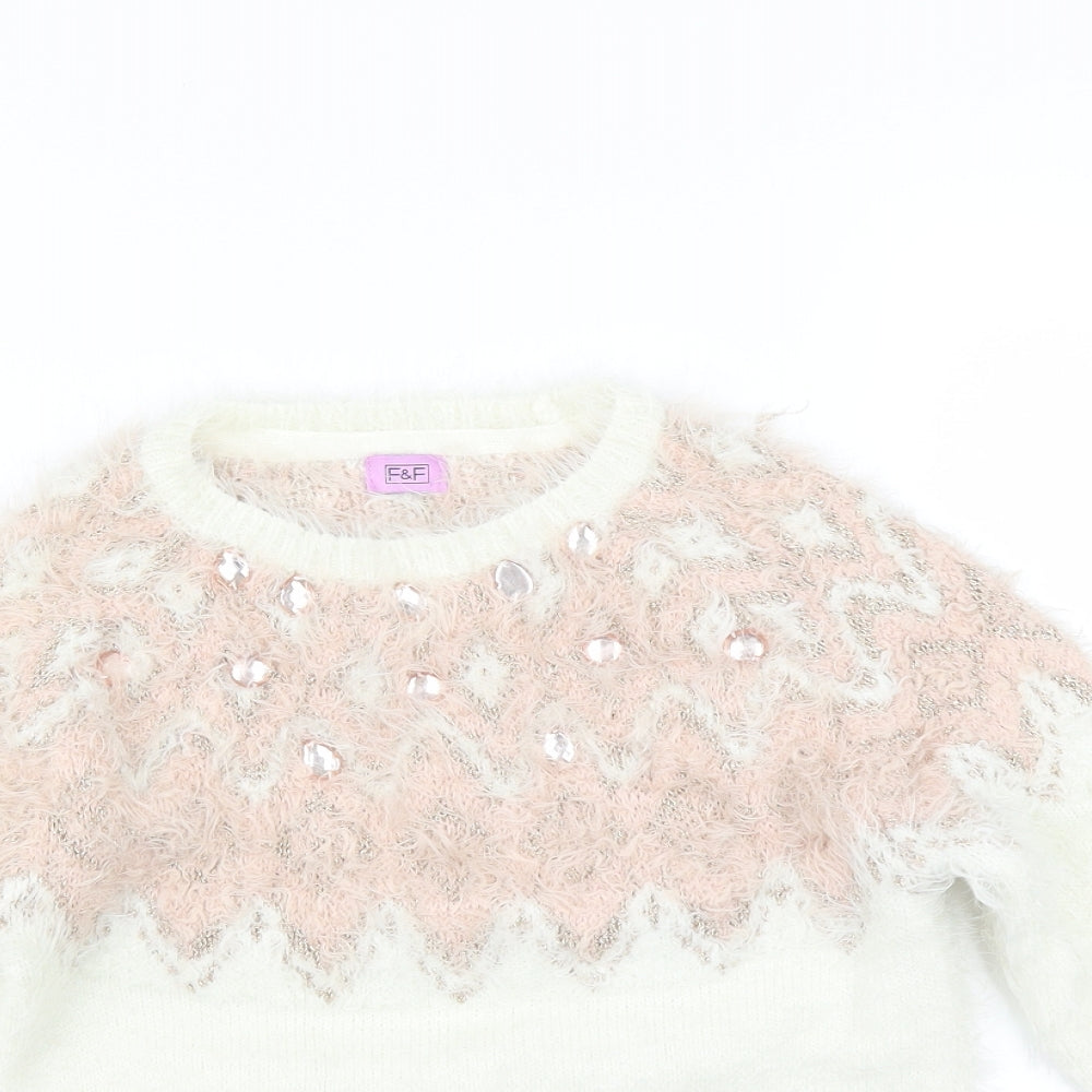 F&F Girls Ivory   Pullover Jumper Size 9-10 Years  - beaded