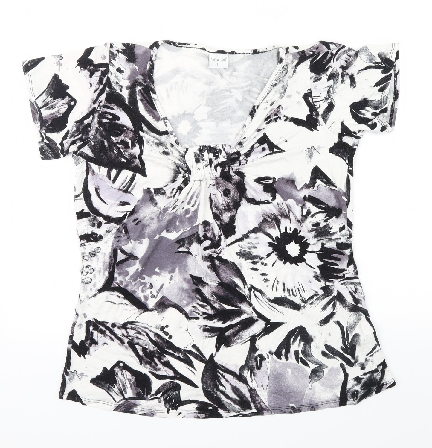 Reflections Womens Black Floral  Basic T-Shirt Size L  - Ruffle detail