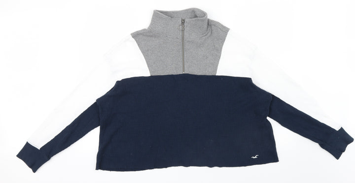 Hollister Womens Blue Striped Pullover Jumper Size M - zip Neck ,white grey Blue