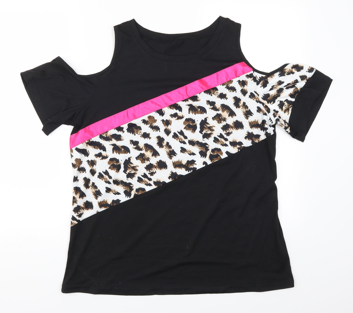 SheIn Womens Black Animal Print  Basic T-Shirt Size XL  - Cut Out Shoulder