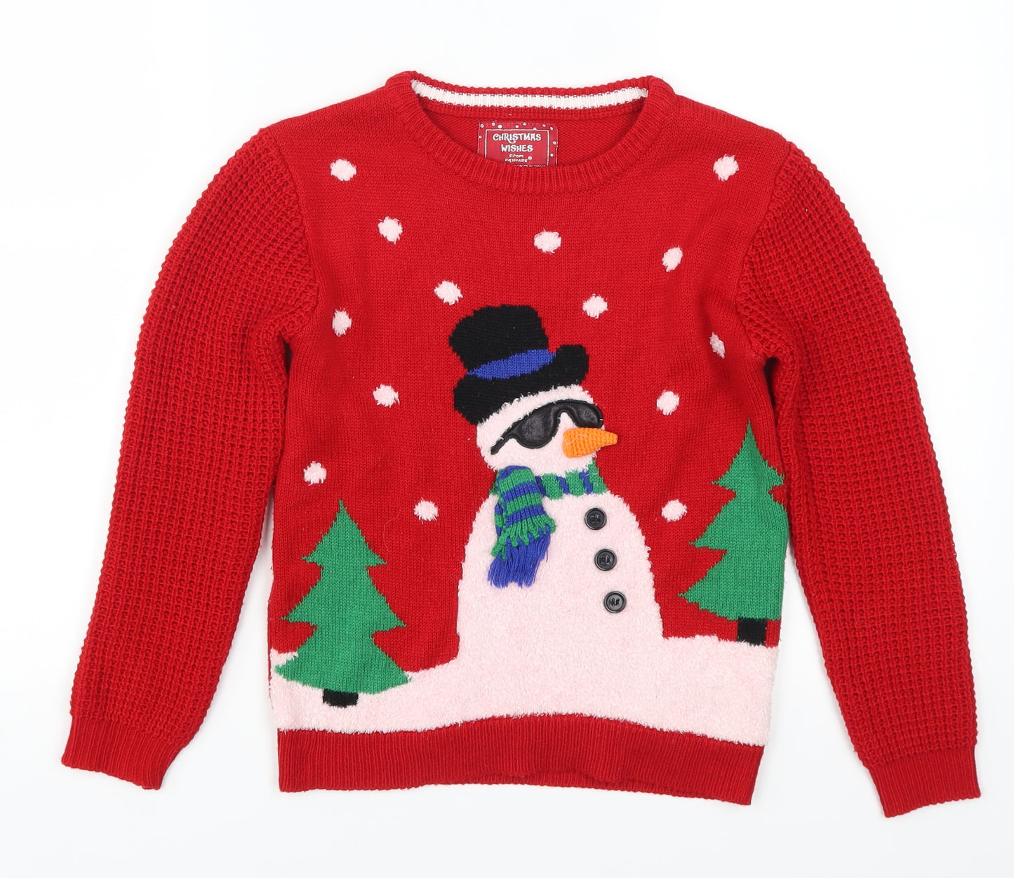 Primark Boys Red   Pullover Jumper Size 5-6 Years  - Snowman With Sunglasses