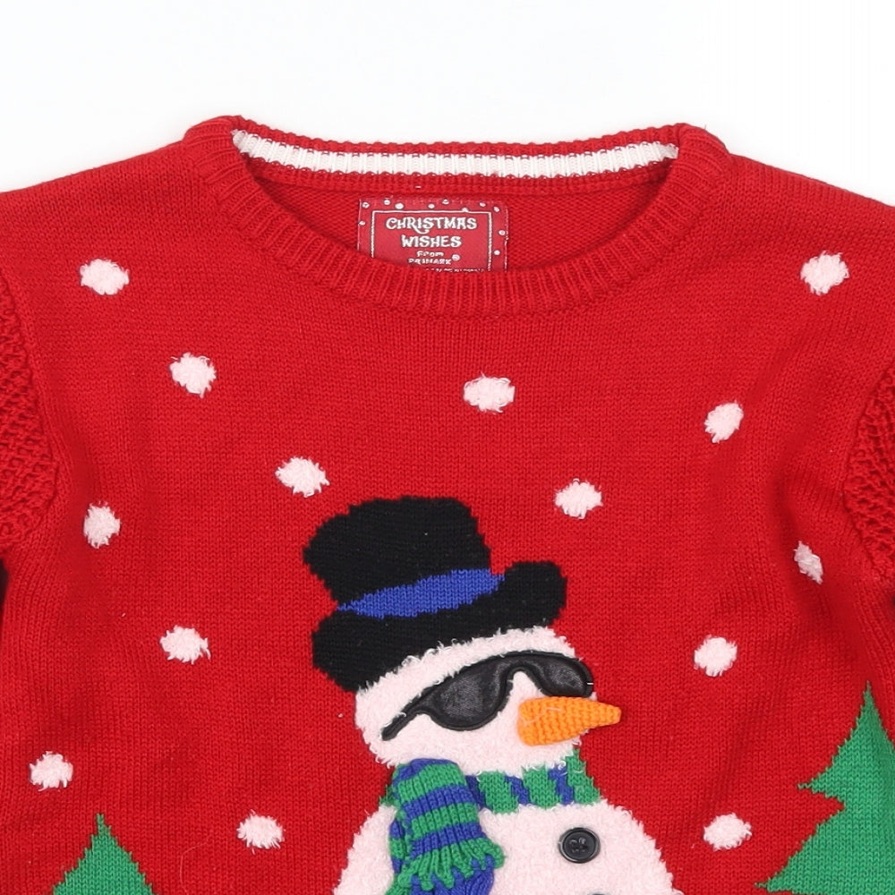 Primark Boys Red   Pullover Jumper Size 5-6 Years  - Snowman With Sunglasses