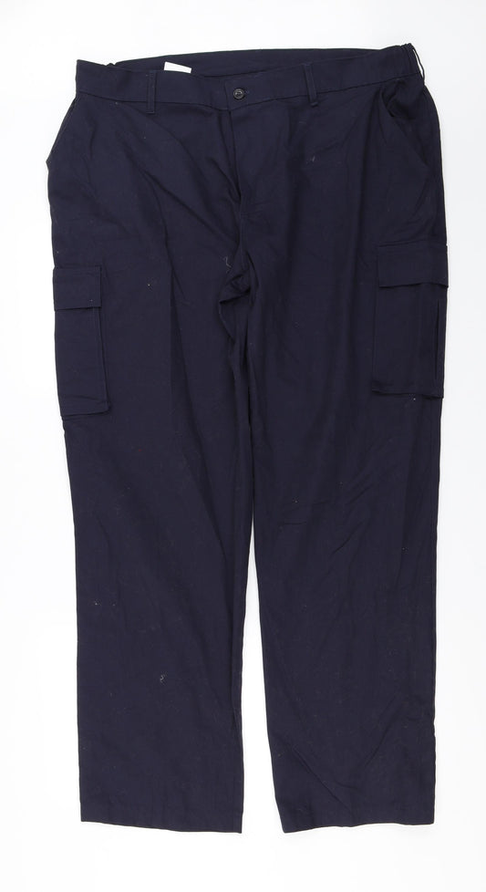 Front view of Alsico men’s blue trousers, size 42, in, 31-inch leg