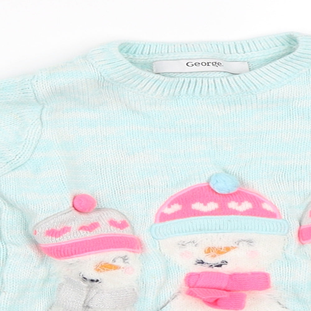 George Girls Blue   Pullover Jumper Size 2-3 Years  - Snowman Christmas