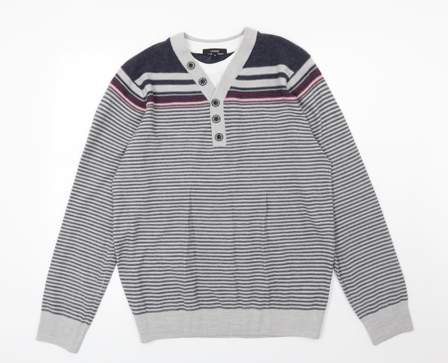 George Mens Grey Striped Knit Pullover Jumper Size M