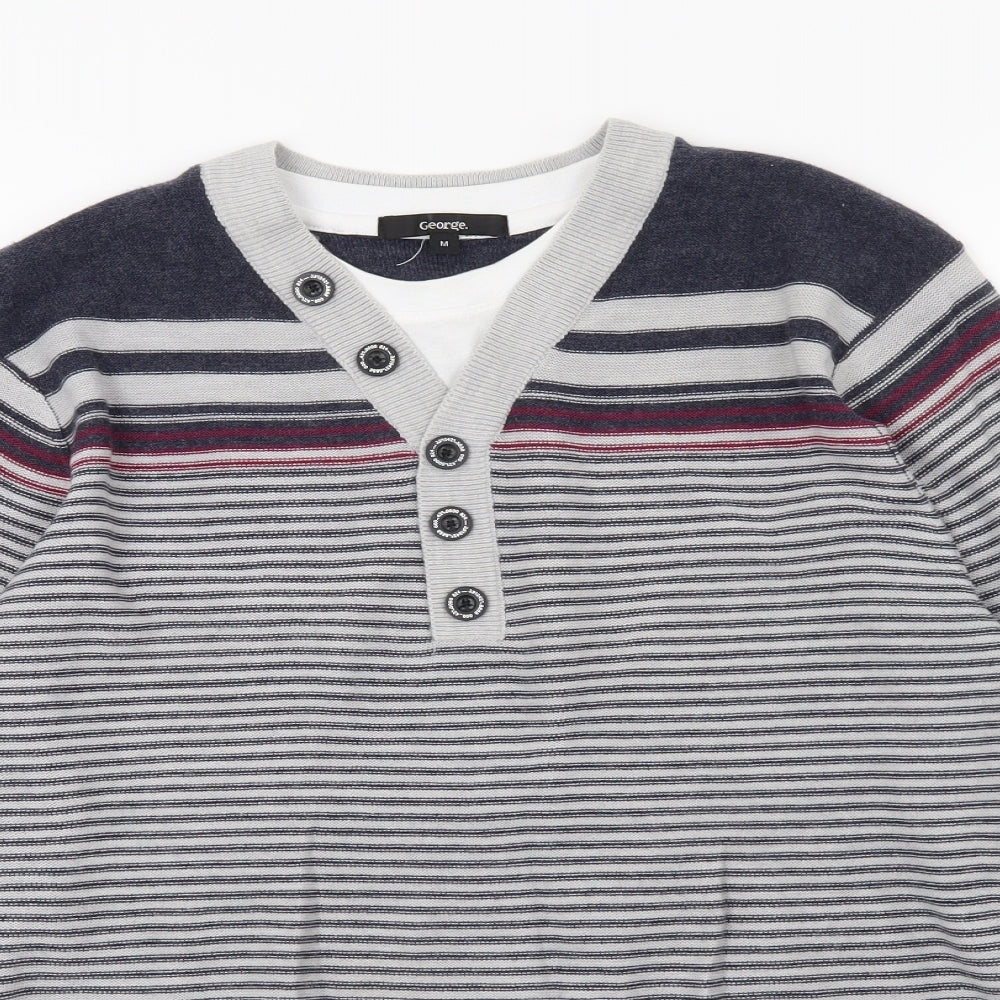 George Mens Grey Striped Knit Pullover Jumper Size M