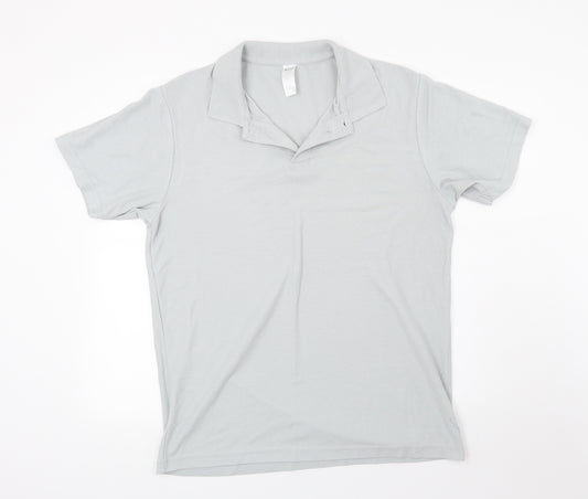 Front view of Alexandra men’s grey jersey polo, size L