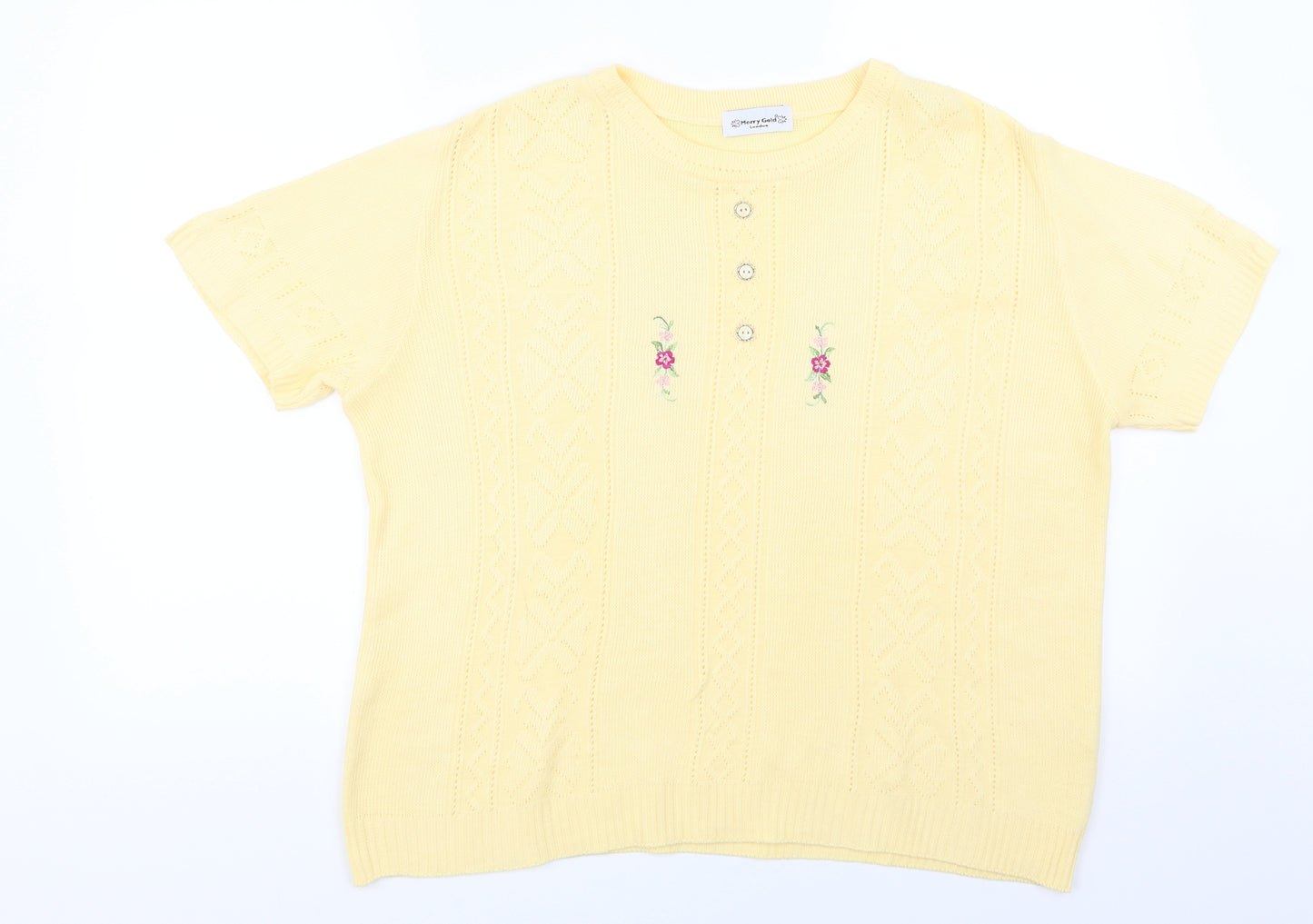 Merry Gold Womens Yellow Floral  Basic T-Shirt Size M